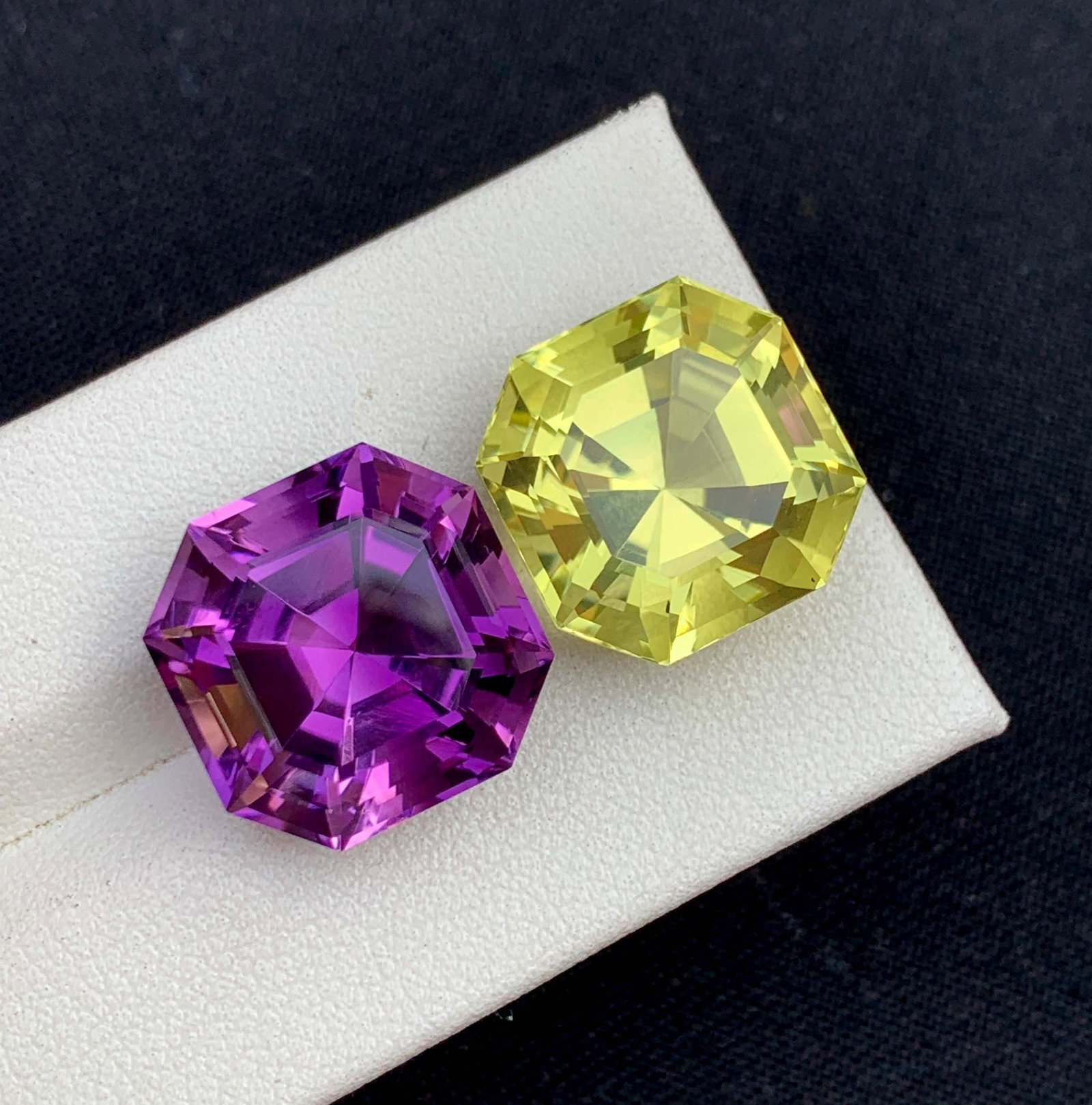 Amethyst and Citrine Gemstone Pair: Fancy Asscher Cut, 30 Carat: Title: Amethyst and Citrine Gemstone Pair: Fancy Asscher Cut, 30 Carat Description: Gemstone: Amethyst Carat weight: 30.00 Natural Amethyst Gemstone, Fancy Cut Amethyst And Citrine Reverse Pair Loos G