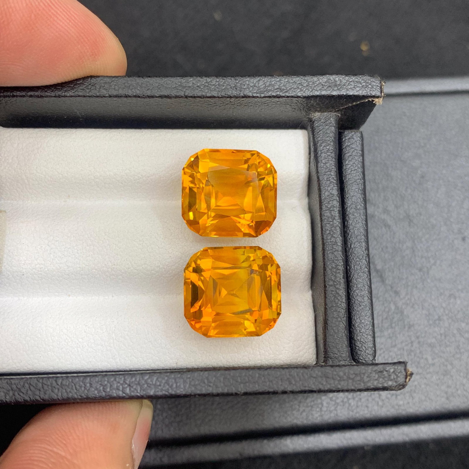 Madeira Citrine Gem Pair: 17.18 ct Orange Cushion Cut Stones - 14