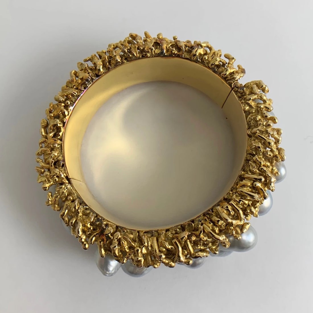 Vintage Silver Baroque Pearl Diamond Bangle Bracelet 14K Yellow Gold, 173 Grams - 11