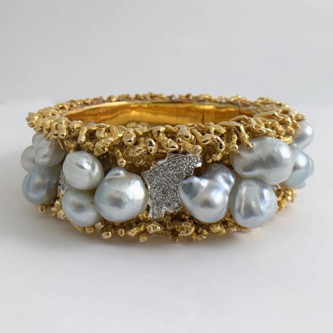 Vintage Silver Baroque Pearl Diamond Bangle Bracelet 14K Yellow Gold, 173 Grams - 9