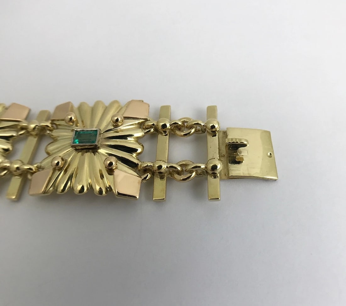 Antique Art Deco Green Emerald Square Link Bracelet 18K Yellow Gold, 92.51 Grams - 11