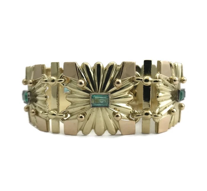 Antique Art Deco Green Emerald Square Link Bracelet 18K Yellow Gold, 92.51 Grams - 2