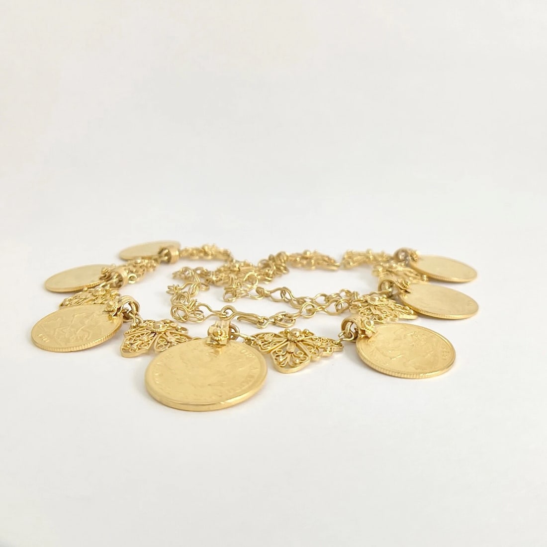Vintage Antique Coin Butterfly Chain Necklace 22K Yellow Gold, 52.56 Grams - 16