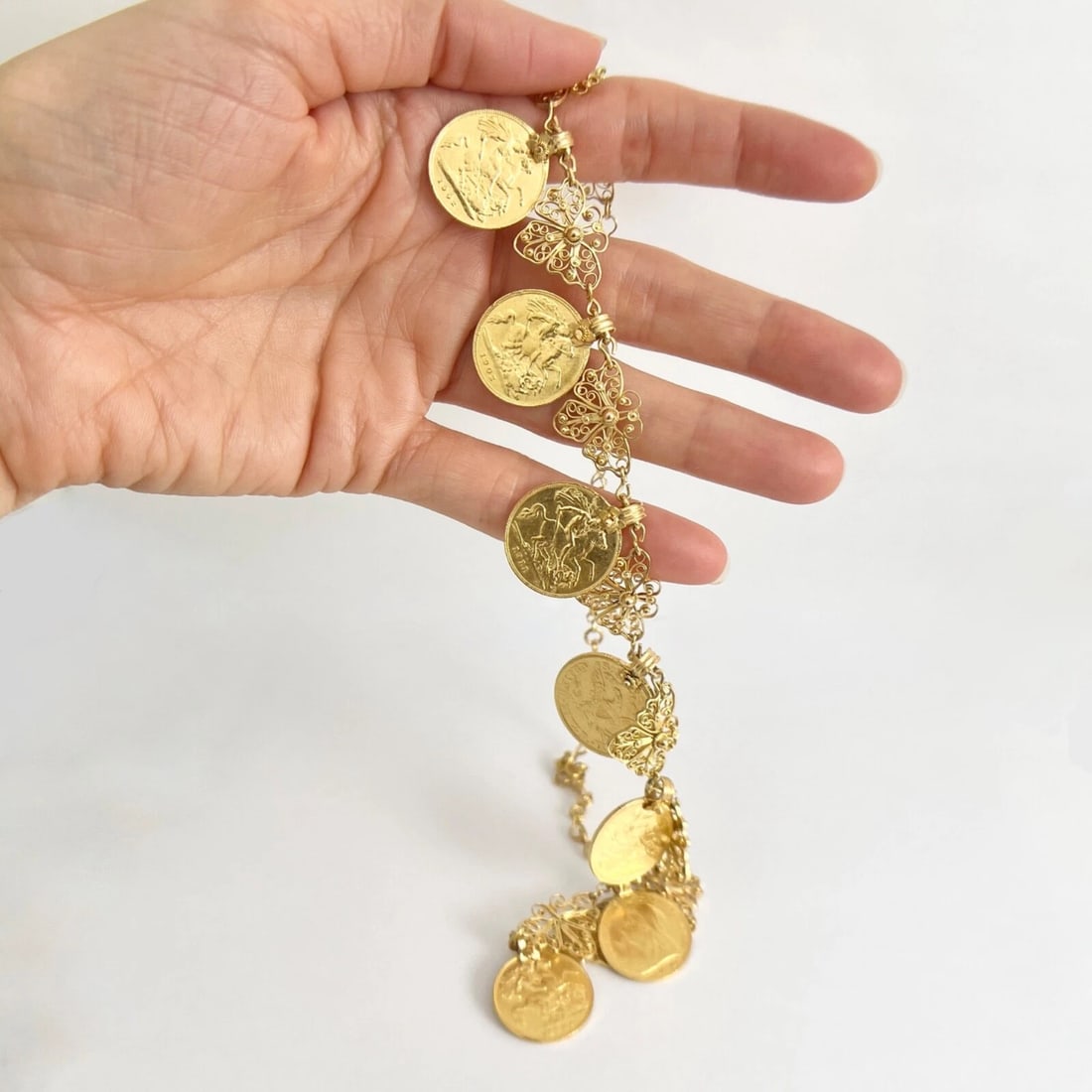 Vintage Antique Coin Butterfly Chain Necklace 22K Yellow Gold, 52.56 Grams - 4