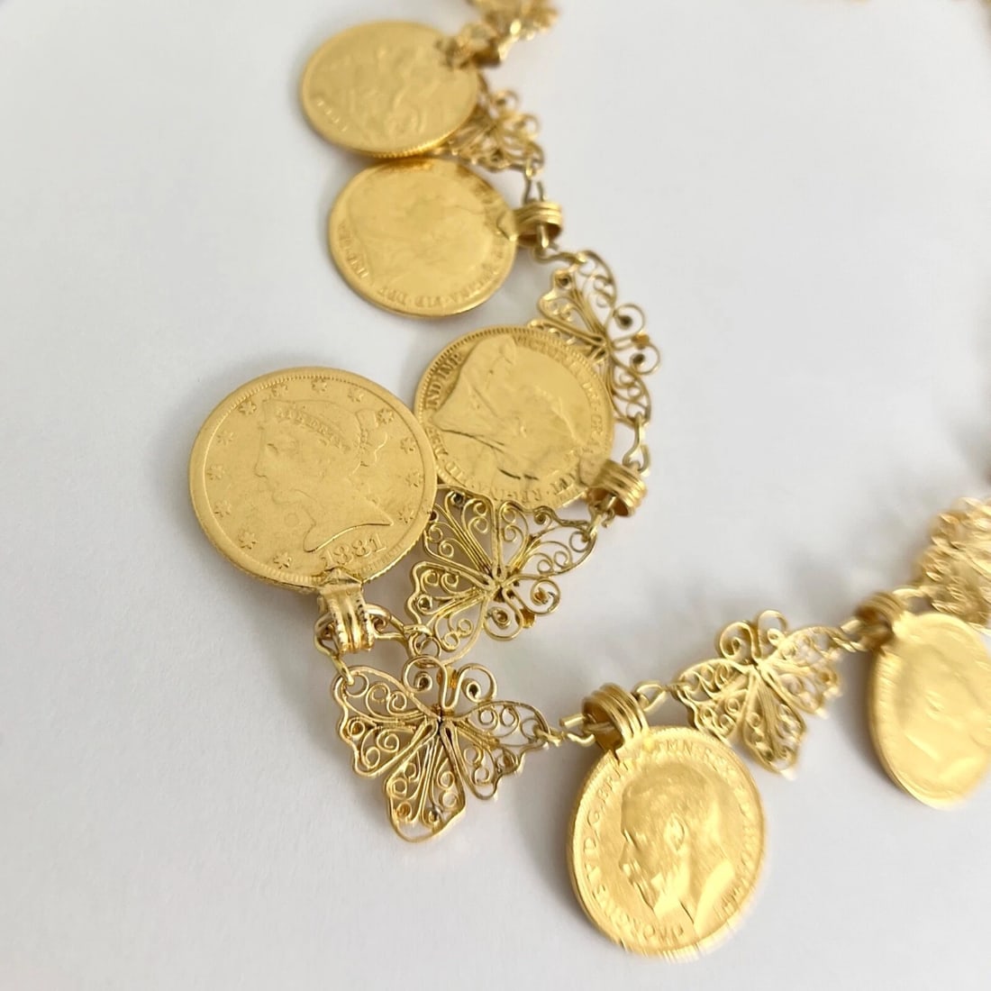 Vintage Antique Coin Butterfly Chain Necklace 22K Yellow Gold, 52.56 Grams - 7