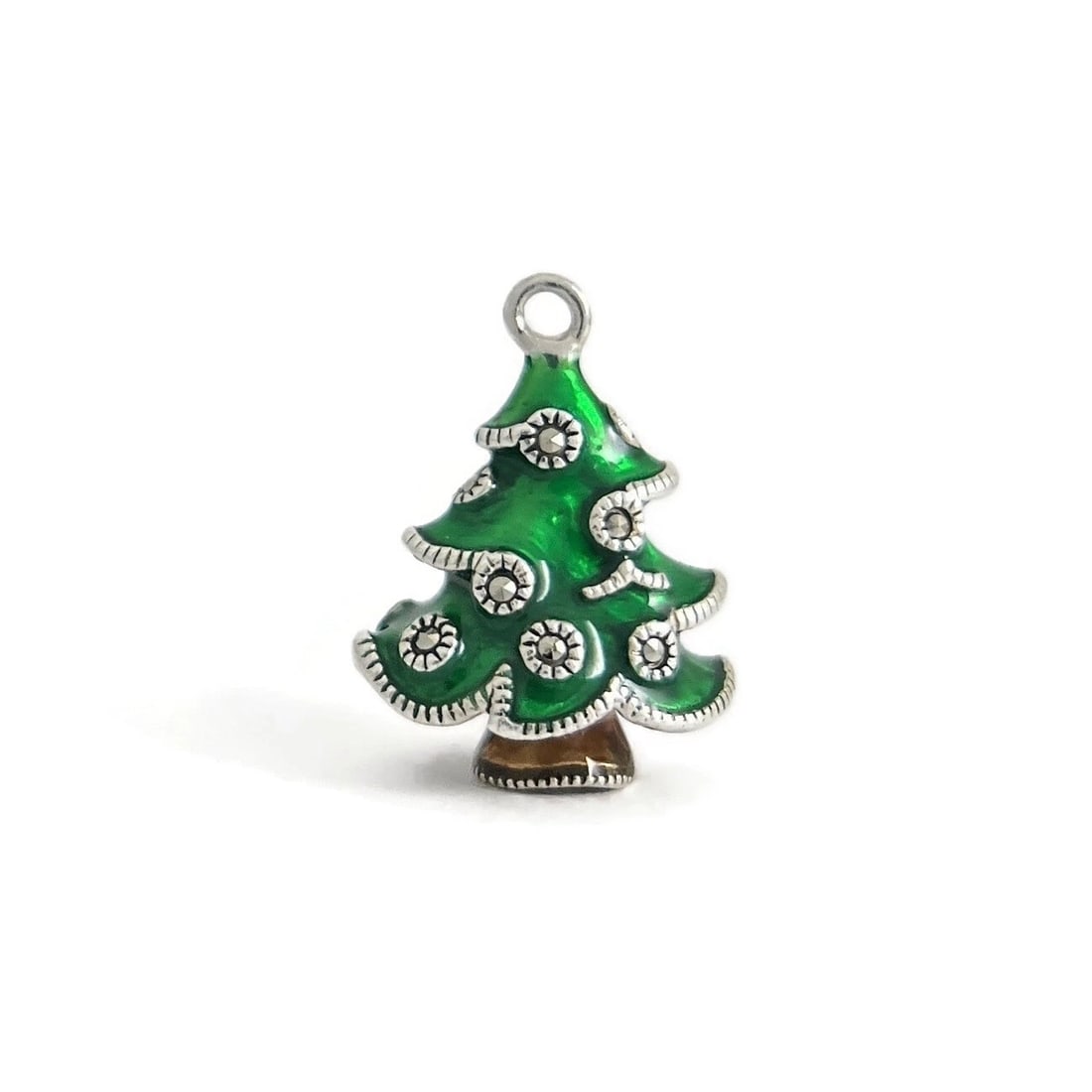 Vintage Judith Jack Green Enamel Christmas Tree Charm Sterling Silver, 4.77 Gram - 2