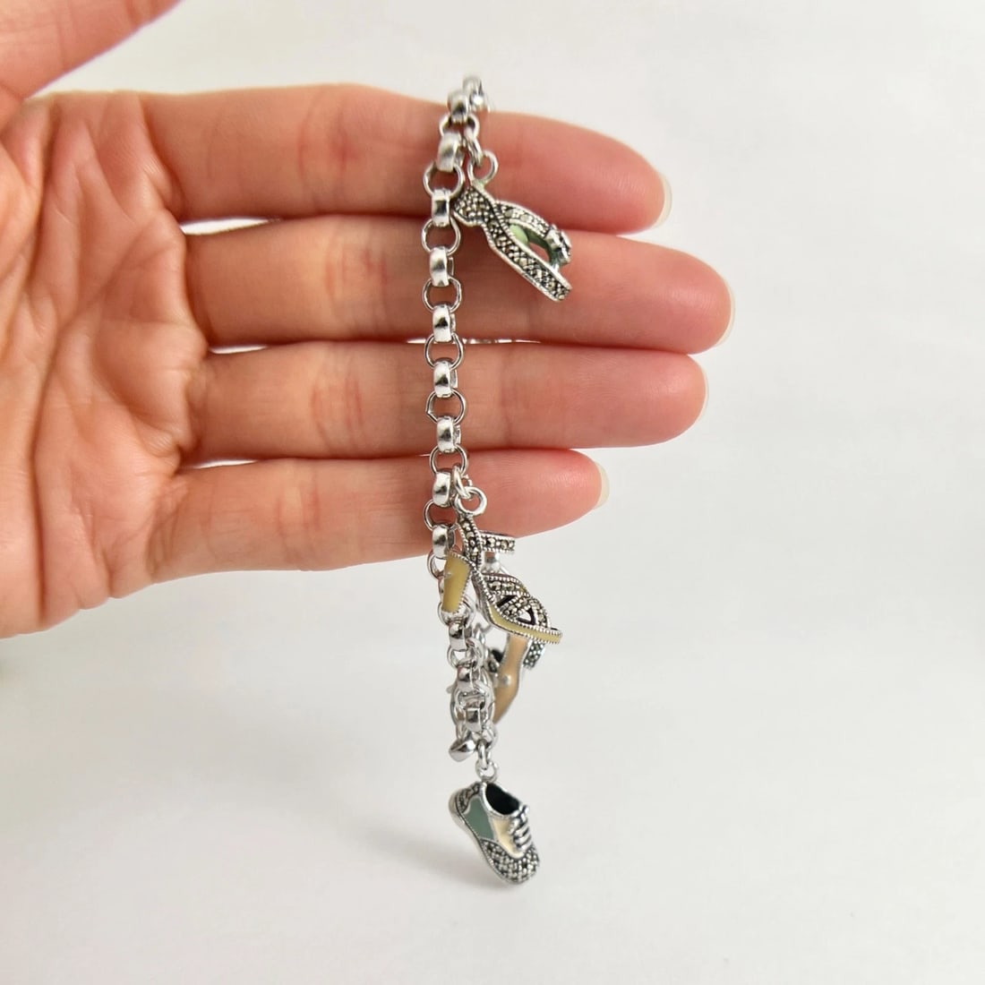 Vintage Judith Jack Enamel Shoe Charm Bracelet Sterling Silver, 27.47 Grams - 7