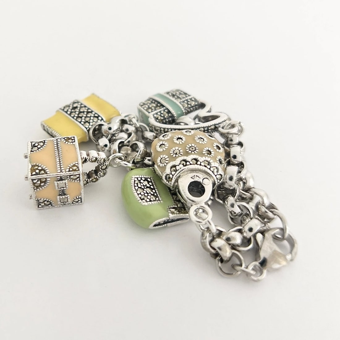 Vintage Judith Jack Enamel Purse Charm Bracelet Sterling Silver, 38.02 Grams - 12