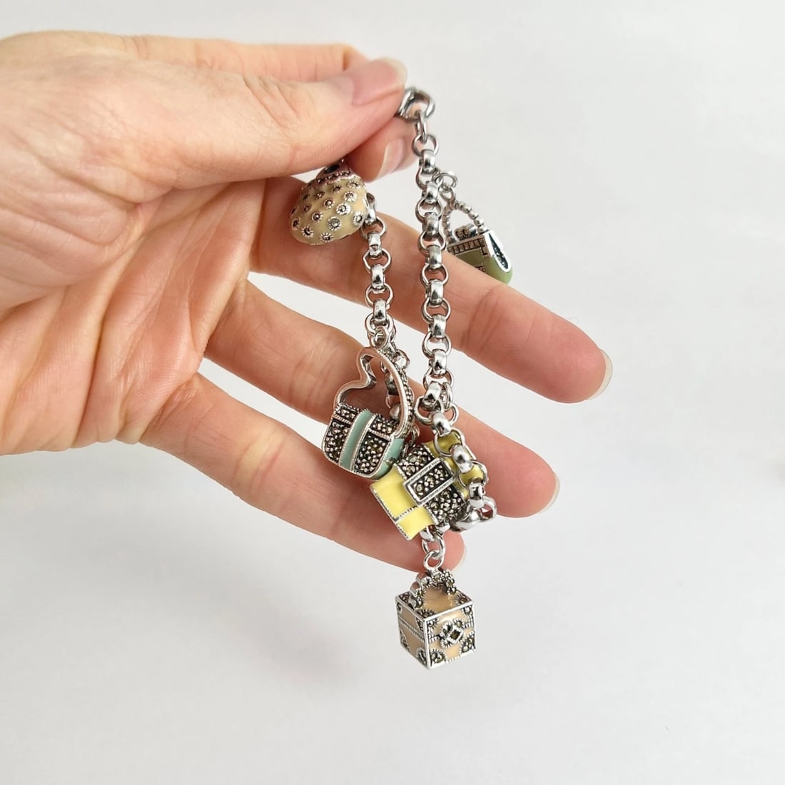 Vintage Judith Jack Enamel Purse Charm Bracelet Sterling Silver, 38.02 Grams - 3