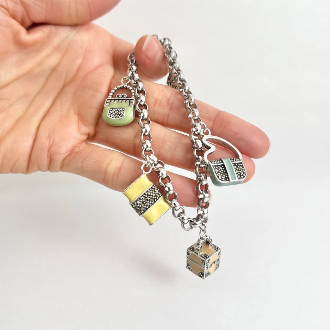 Vintage Judith Jack Enamel Purse Charm Bracelet Sterling Silver, 38.02 Grams - 4