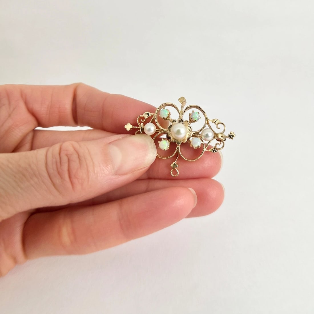 Vintage 1950's Pearl Opal Pendant Brooch Pin 14K Yellow Gold, 6.52 Grams - 3