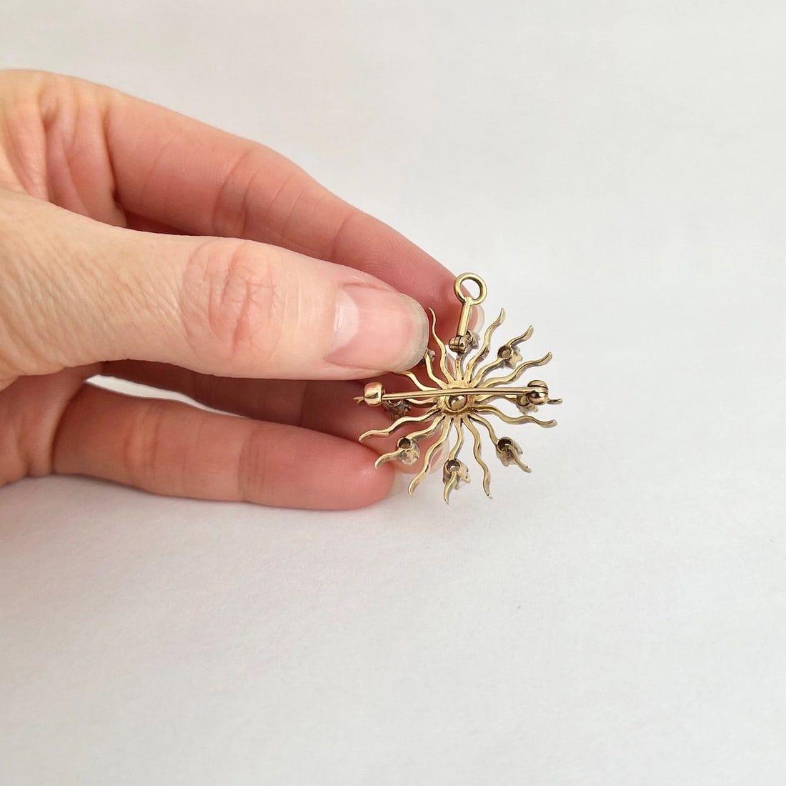 Antique Victorian Pearl Starburst Pendant Brooch 14K Yellow Gold, 6.59 Grams - 4
