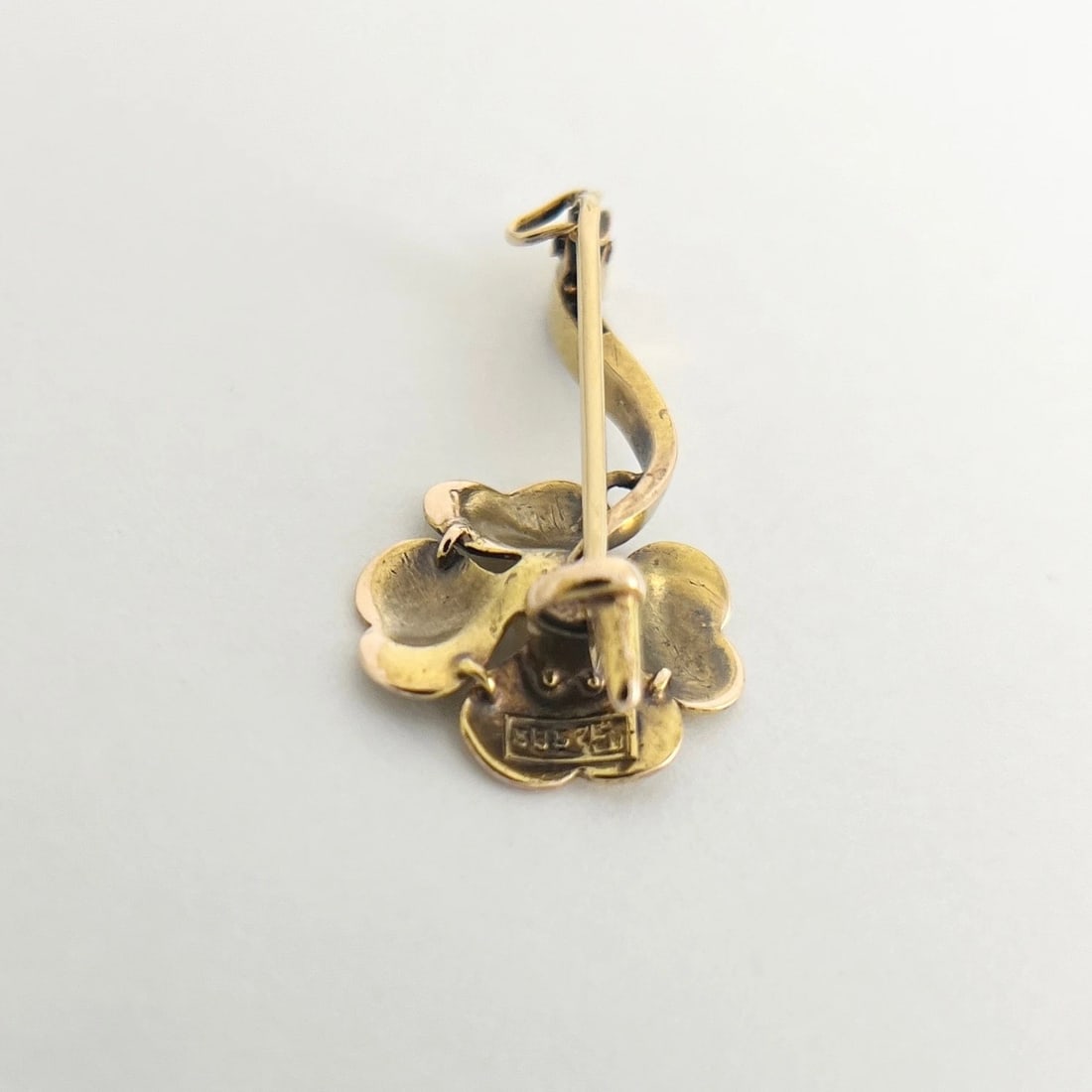 Antique Art Nouveau Pearl Diamond Clover Flower Brooch 14K Yellow Gold, 3.17 Gr - 9