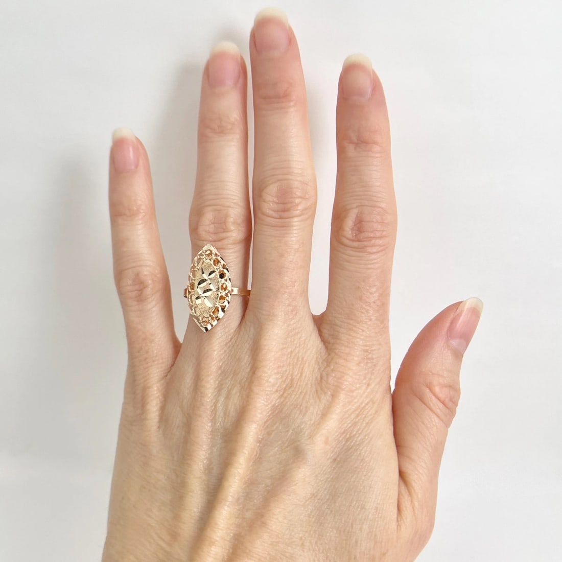 Vintage Filigree Pointed Navette Statement Ring 14K Rose Yellow Gold, 1.37 Grams - 3