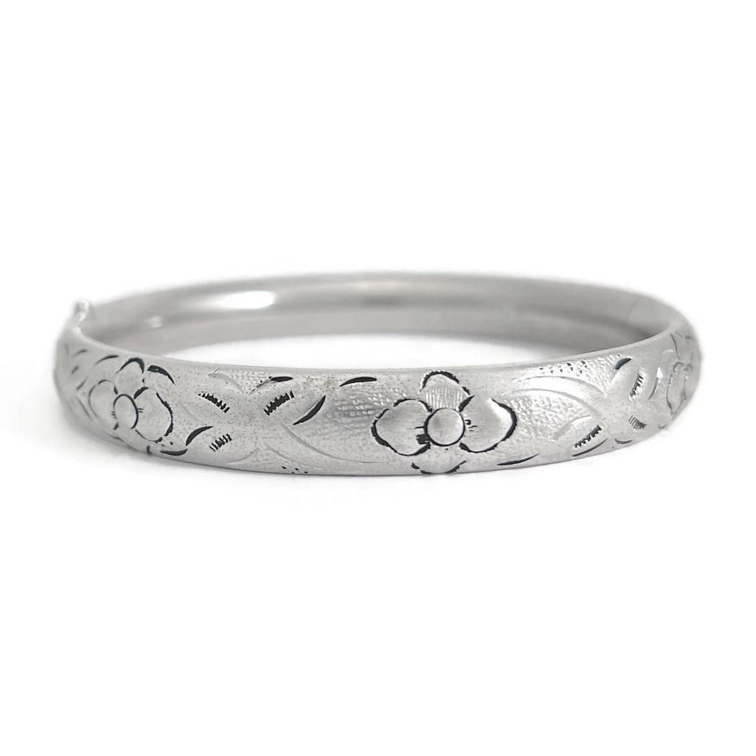 Vintage 1960's HF Barrows Etched Floral Bangle Bracelet Sterling Silver 15.17 Gr - 2