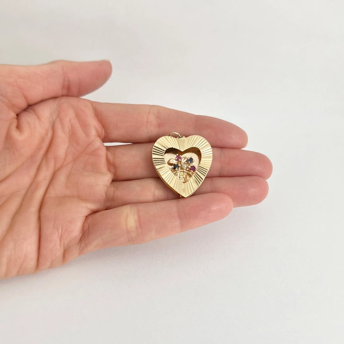 Vintage 1950's Sapphire Ruby Fluted Heart Charm Pendant 14K Yellow Gold, 5.73 Gr - 3