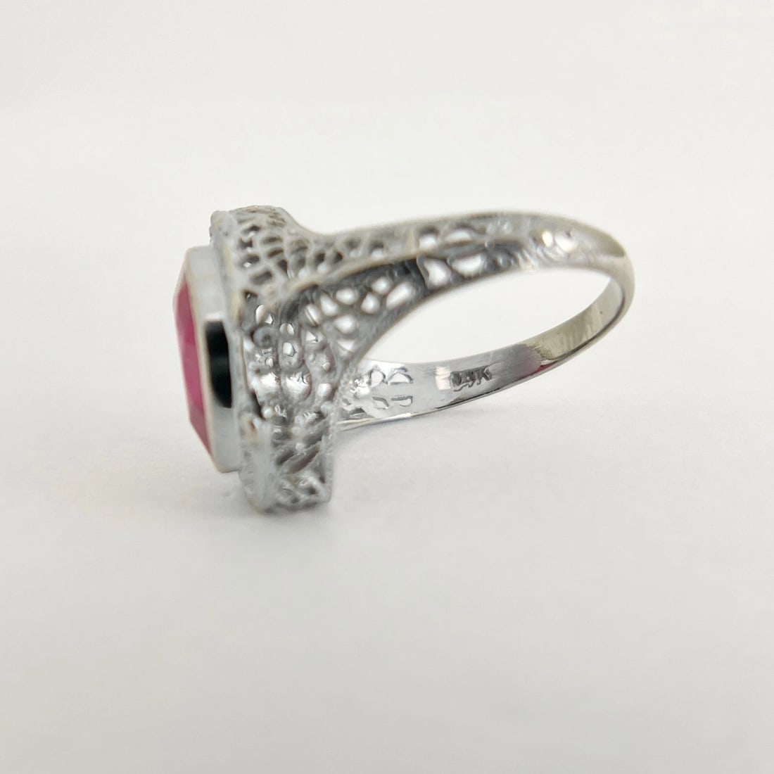 Vintage 1950's Lab-Created Ruby Marquise Filigree Ring 14K White Gold, 3.28 Gram - 7