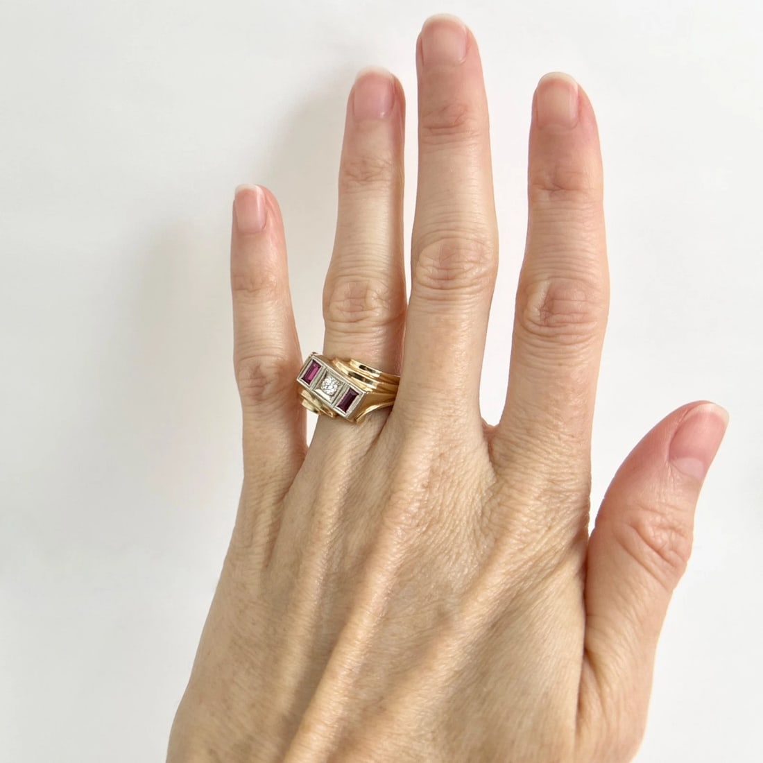 Vintage 1940's Ruby Diamond Asymmetrical Statement Ring 14K Yellow Gold, 7.27 Gr - 3