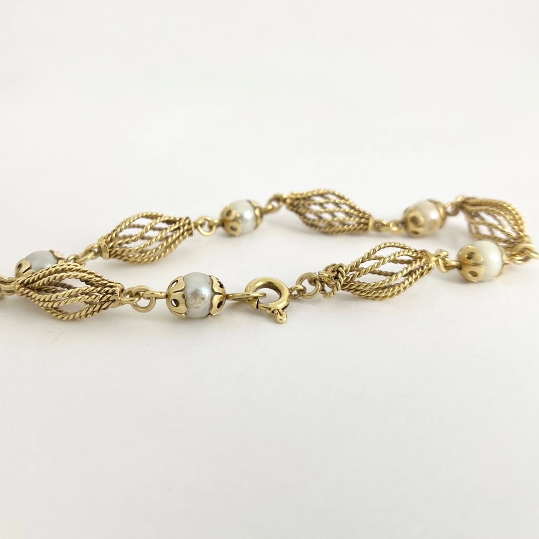 Vintage Pearl Spindle Tassel Chain Bracelet 14K Yellow Gold, 8 Inches, 16.73 Gr - 10