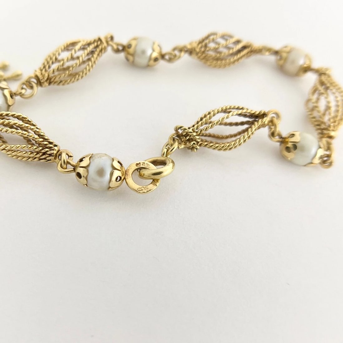 Vintage Pearl Spindle Tassel Chain Bracelet 14K Yellow Gold, 8 Inches, 16.73 Gr - 11
