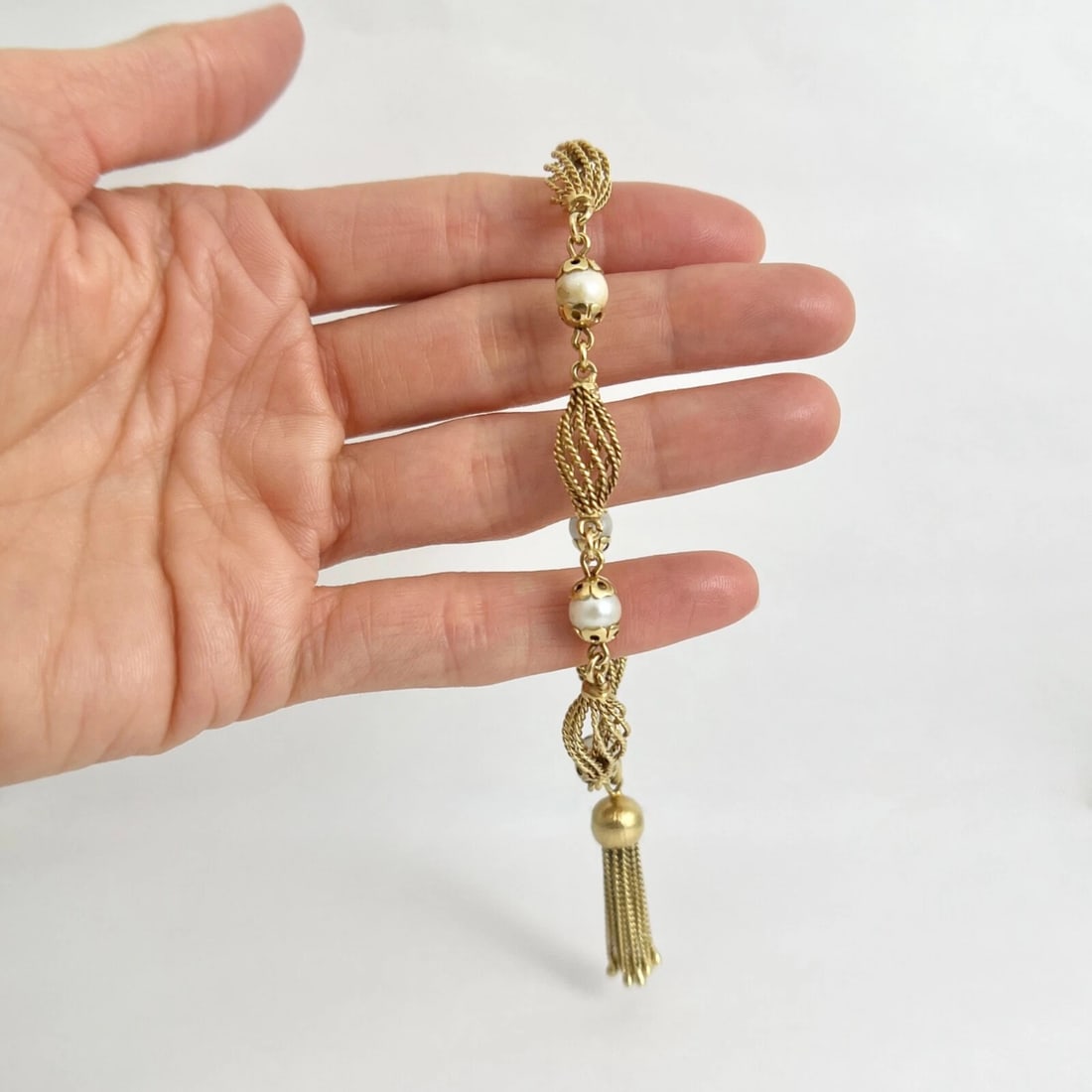 Vintage Pearl Spindle Tassel Chain Bracelet 14K Yellow Gold, 8 Inches, 16.73 Gr - 4
