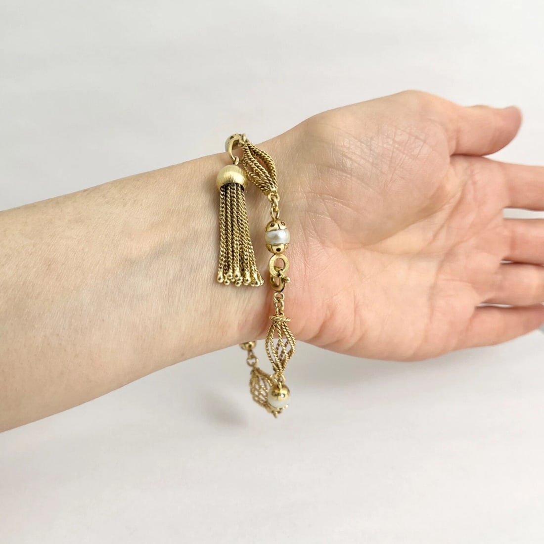 Vintage Pearl Spindle Tassel Chain Bracelet 14K Yellow Gold, 8 Inches, 16.73 Gr - 7