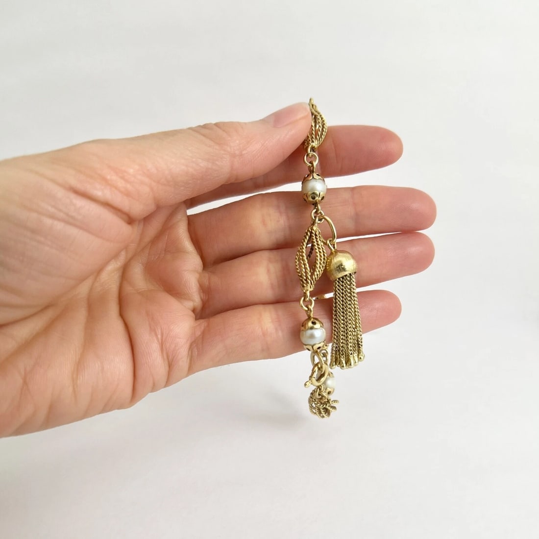 Vintage Pearl Spindle Tassel Chain Bracelet 14K Yellow Gold, 8 Inches, 16.73 Gr - 8
