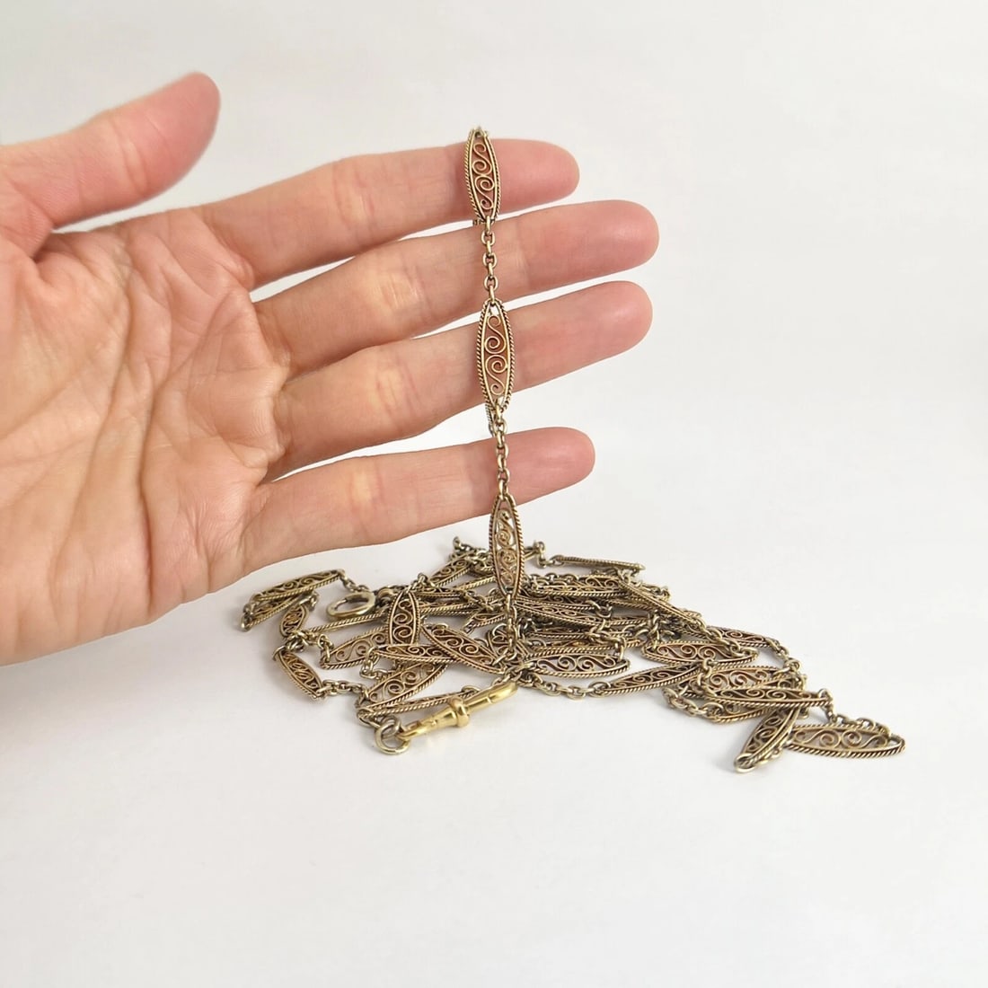 Antique Victorian Long Filigree Guard Chain Necklace 21K Yellow Gold, 39.06 Gram - 7