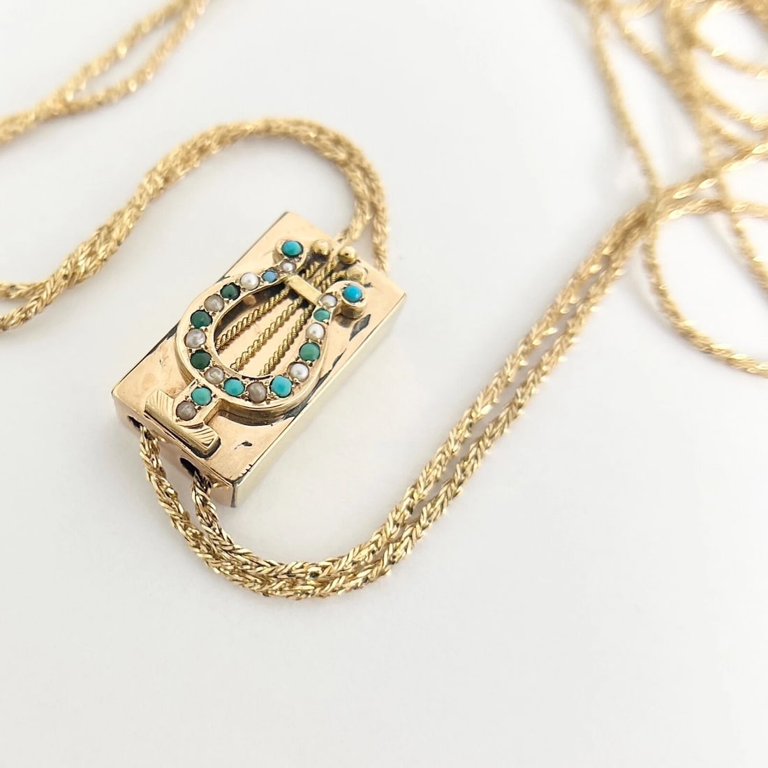 Antique Victorian Lyre Turquoise Seed Pearl Necklace 14K Yellow Gold, 26.58 Gram - 9