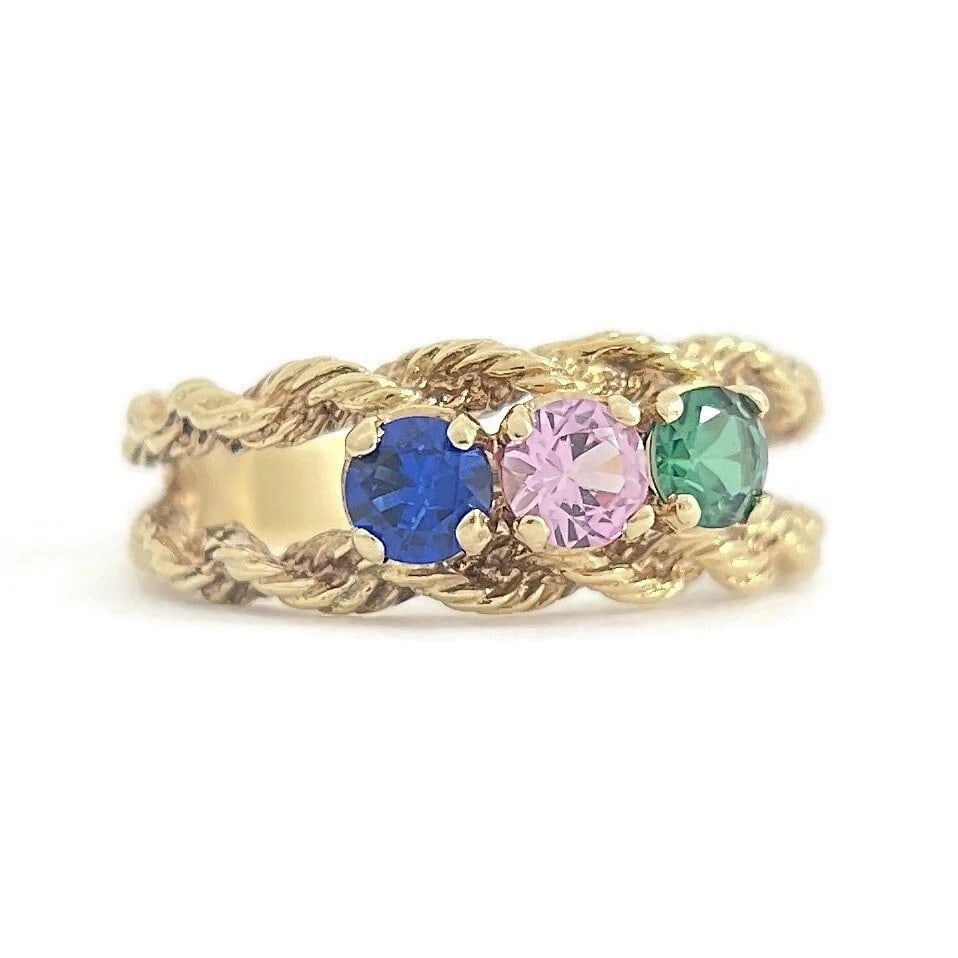 Vintage 3-Stone Multicolor Simulated Sapphire Rope Ring 14K Yellow Gold, 4.42 Gr: Vintage 3-Stone Multicolor Simulated Sapphire Rope Ring 14K Yellow Gold, 4.42 Gr This ring is a beautiful ring! Please let us know if you have any questions. Gemstones: 3 simulated sapphires in blue,