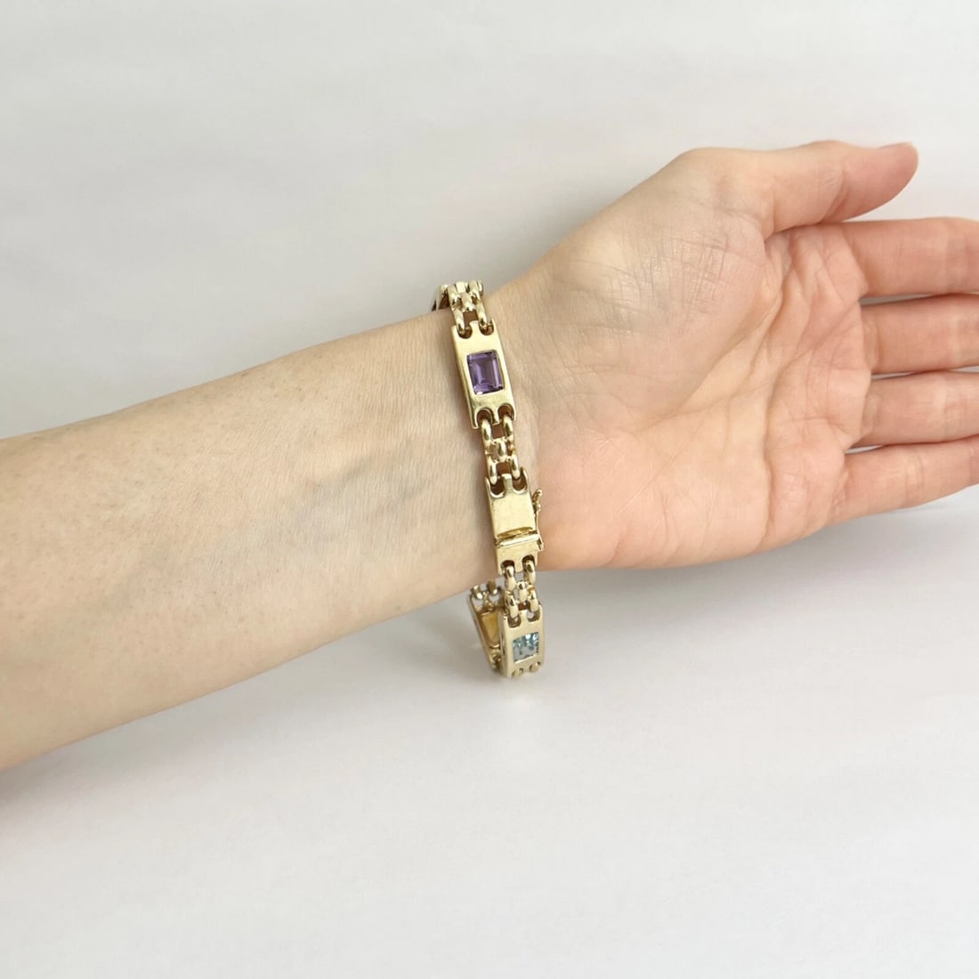 Vintage Multicolored Gemstone Chain Link Bracelet 14K Yellow Gold, 26.23 Grams - 8