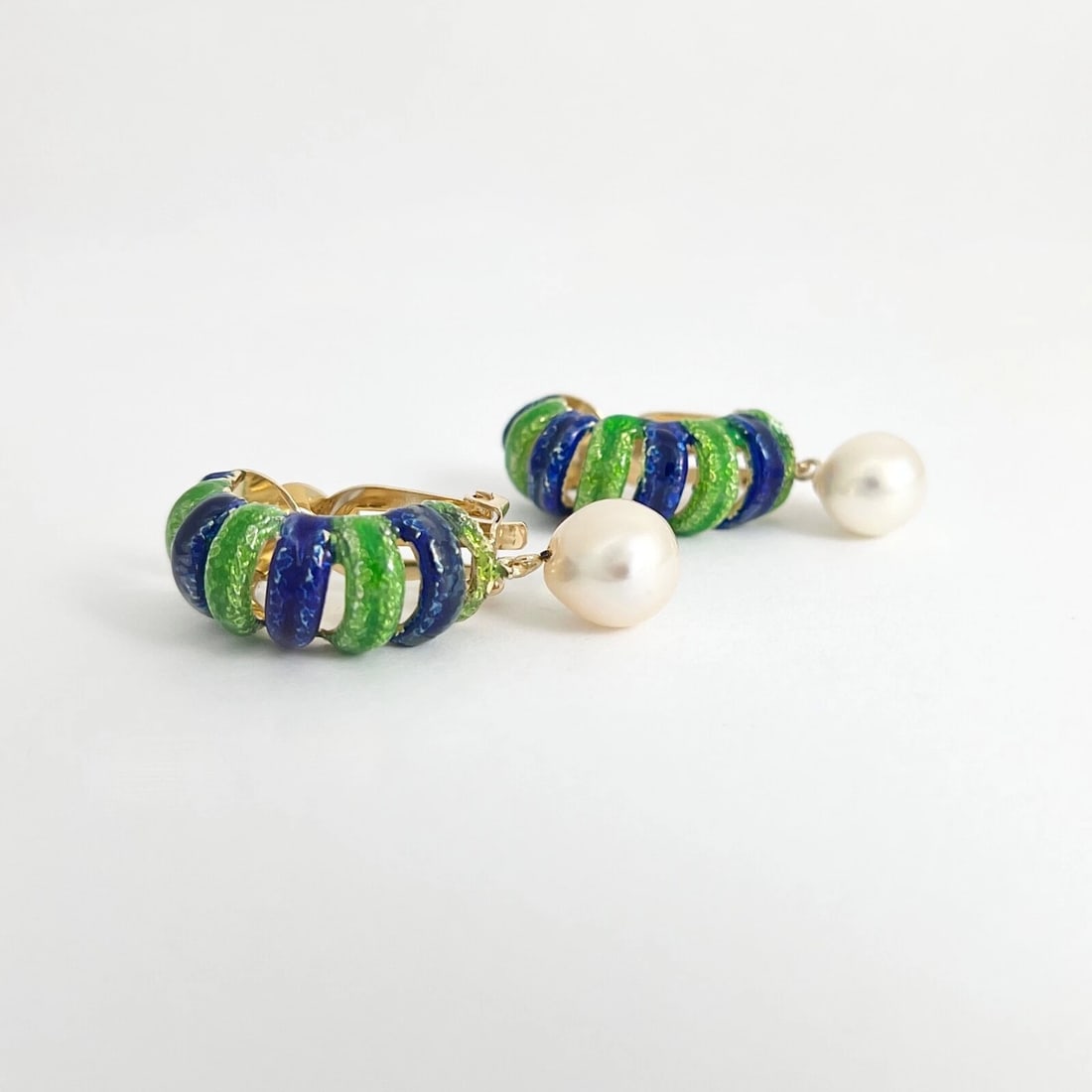 Vintage Blue Green Enamel Pearl Dangle Drop Earrings 14K Yellow Gold, 16.47 Gr - 7