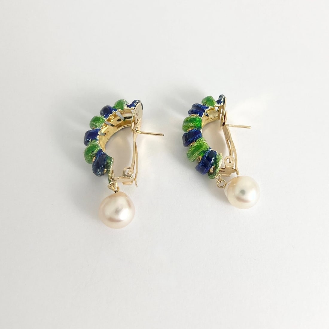 Vintage Blue Green Enamel Pearl Dangle Drop Earrings 14K Yellow Gold, 16.47 Gr - 8