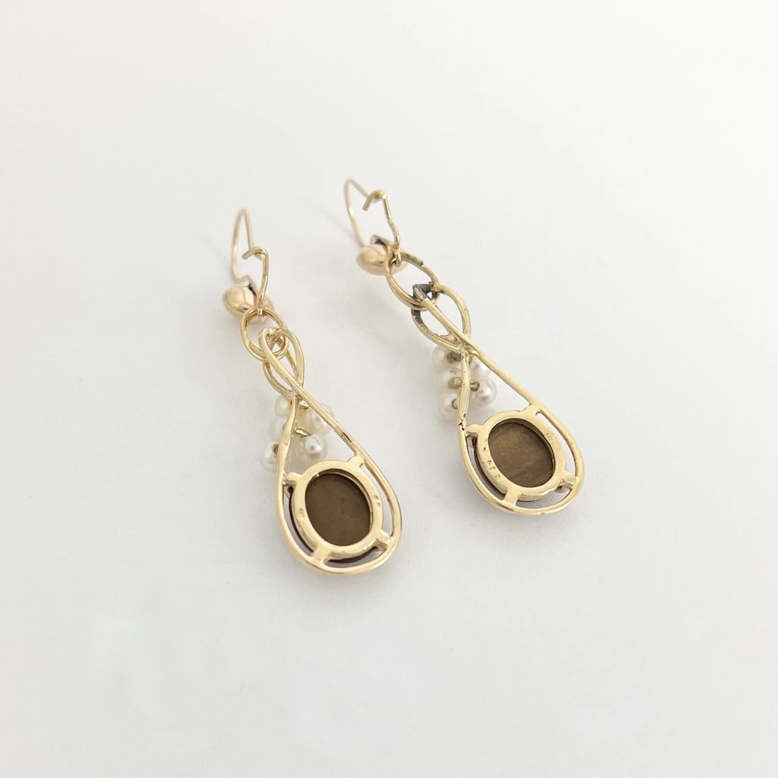 Vintage Oval Brown Jade Pearl Dangle Drop Earrings 14K Yellow Gold, 5.57 Grams - 7