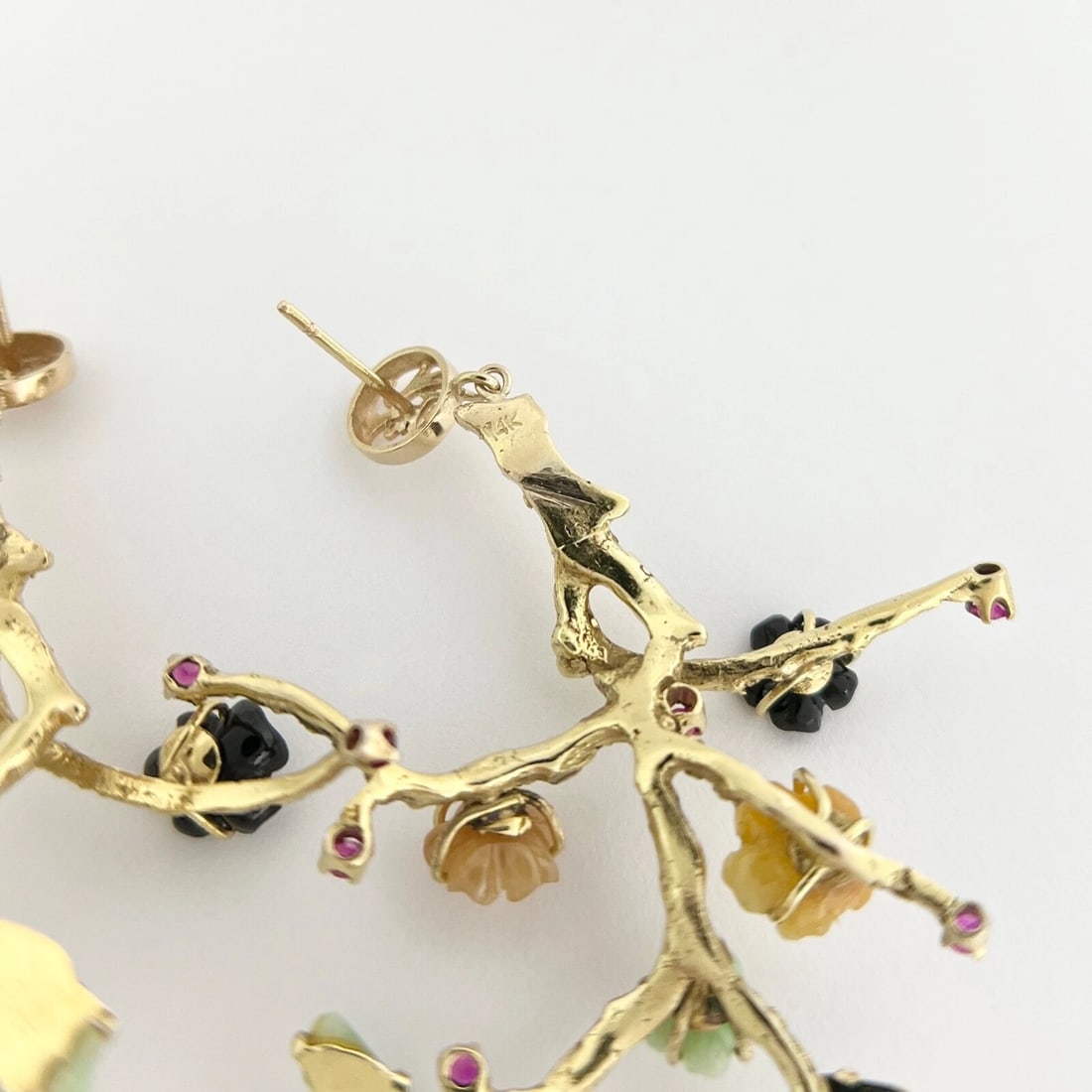 Vintage Fu Multicolored Jade Branch Dangle Drop Earrings 14K Yellow Gold 22.18 G - 8
