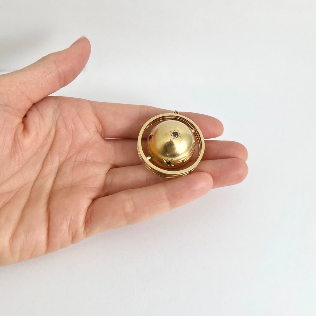 Vintage 1960's Sapphire Spinning Ball Orb Charm Pendant 14K Yellow Gold 14.85 Gr - 7