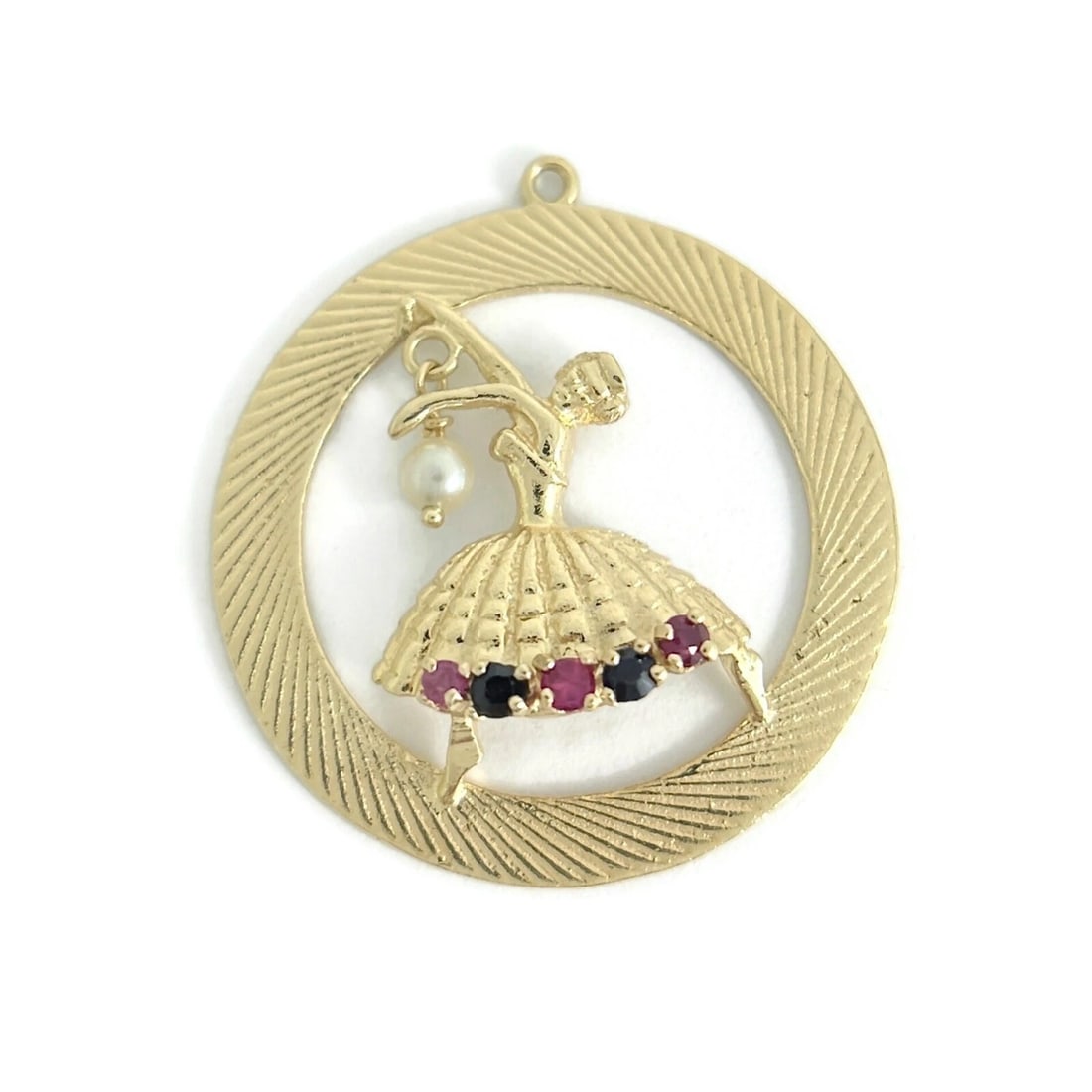 Vintage 1950's Pearl Ruby Sapphire Dancing Lady Charm 14K Yellow Gold, 8.22 Gr: Vintage 1950's Pearl Ruby Sapphire Dancing Lady Charm 14K Yellow Gold, 8.22 Gr This is a lovely charm with movable pearl that can be worn on the necklace or bracelet chain of your choice. Please let