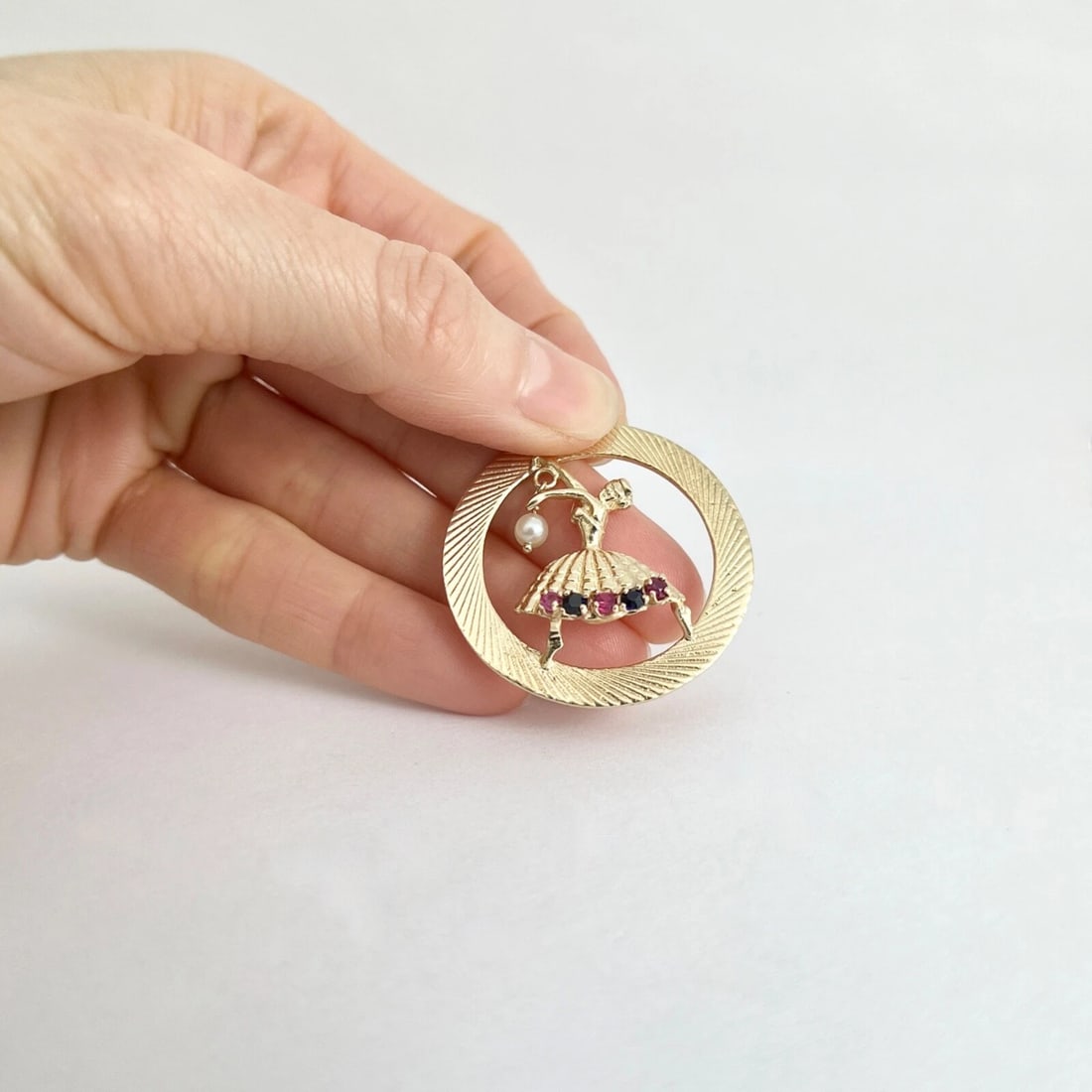 Vintage 1950's Pearl Ruby Sapphire Dancing Lady Charm 14K Yellow Gold, 8.22 Gr - 3