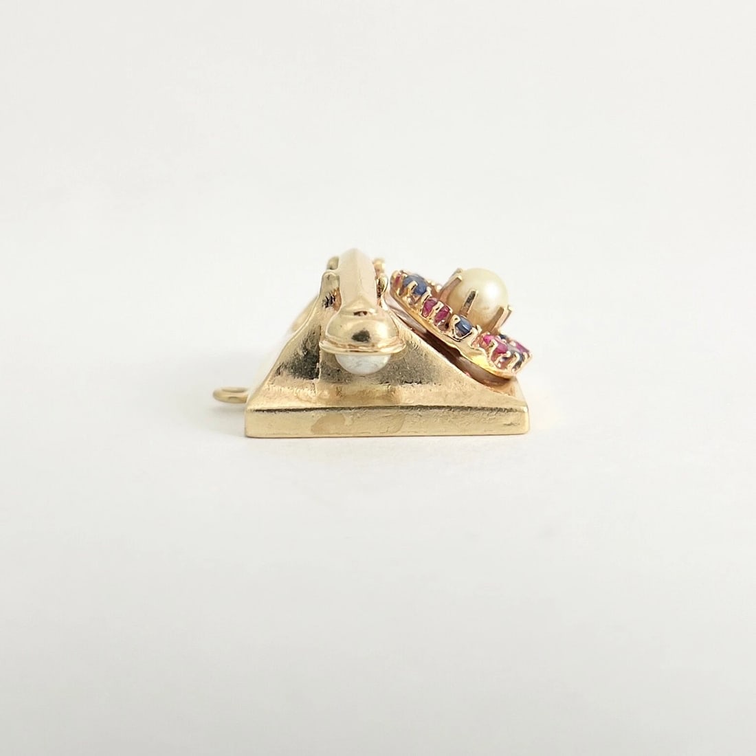 Vintage 1950's Pearl Ruby Sapphire Telephone Charm 14K Yellow Gold, 10.64 Grams - 6