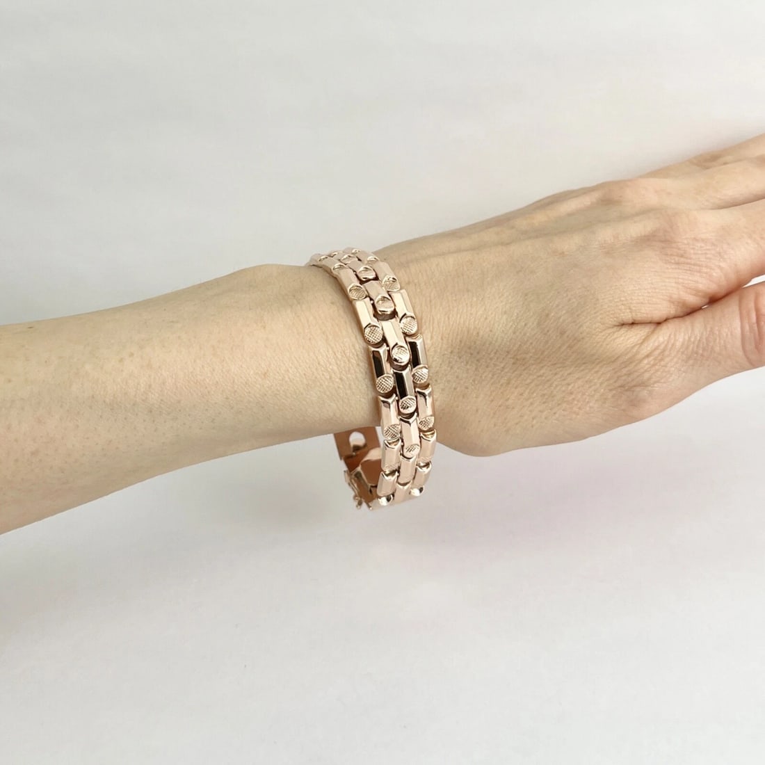 Vintage 1940's 1950's Retro Flat Link Bracelet 14K Rose Gold, 16.84 Grams - 5
