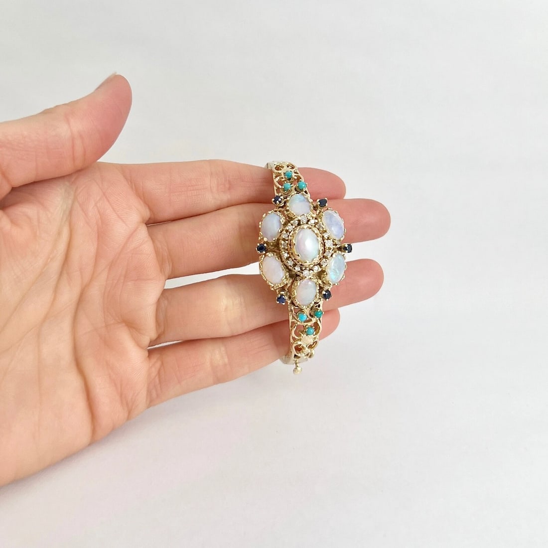 Vintage 1950's Opal Diamond Turquoise Bangle Bracelet 14K Yellow Gold, 24.99 Gr - 3