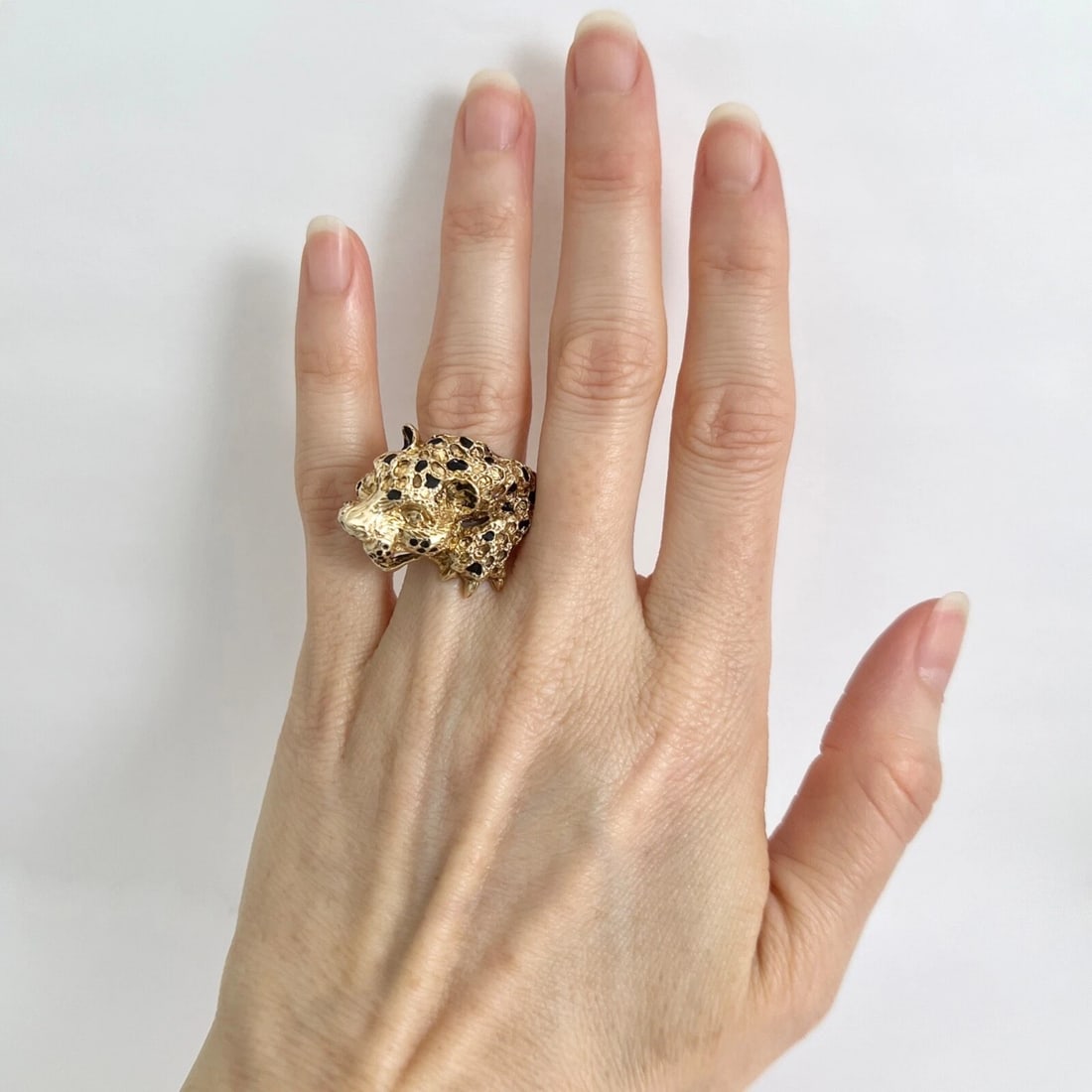 Vintage 1950's Black Enamel Leopard Cheetah Jaguar Ring 12K Yellow Gold 11.25 Gr - 4