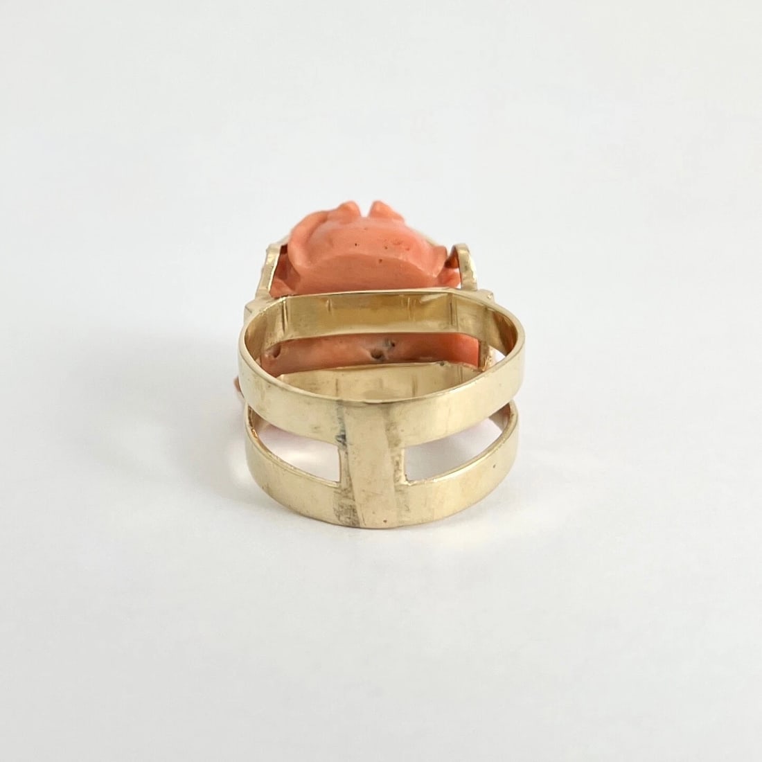 Vintage 1950's 1960's Carved Coral Man's Face Ring 14K Yellow Gold, 13.86 Grams - 9