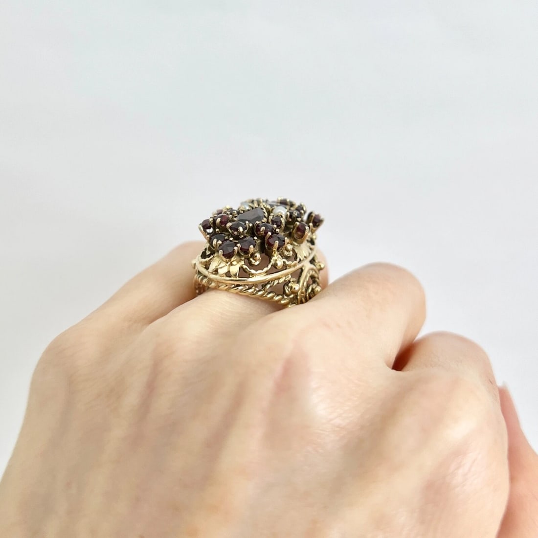 Vintage 1950's 1960's Garnet Pearl Cluster Cocktail Ring 14K Yellow Gold 13.85 G - 6
