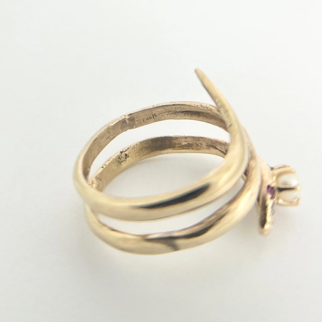 Antique Art Nouveau Snake Pearl Diamond Cocktail Ring 14K Yellow Gold, 7.01 Gr - 10