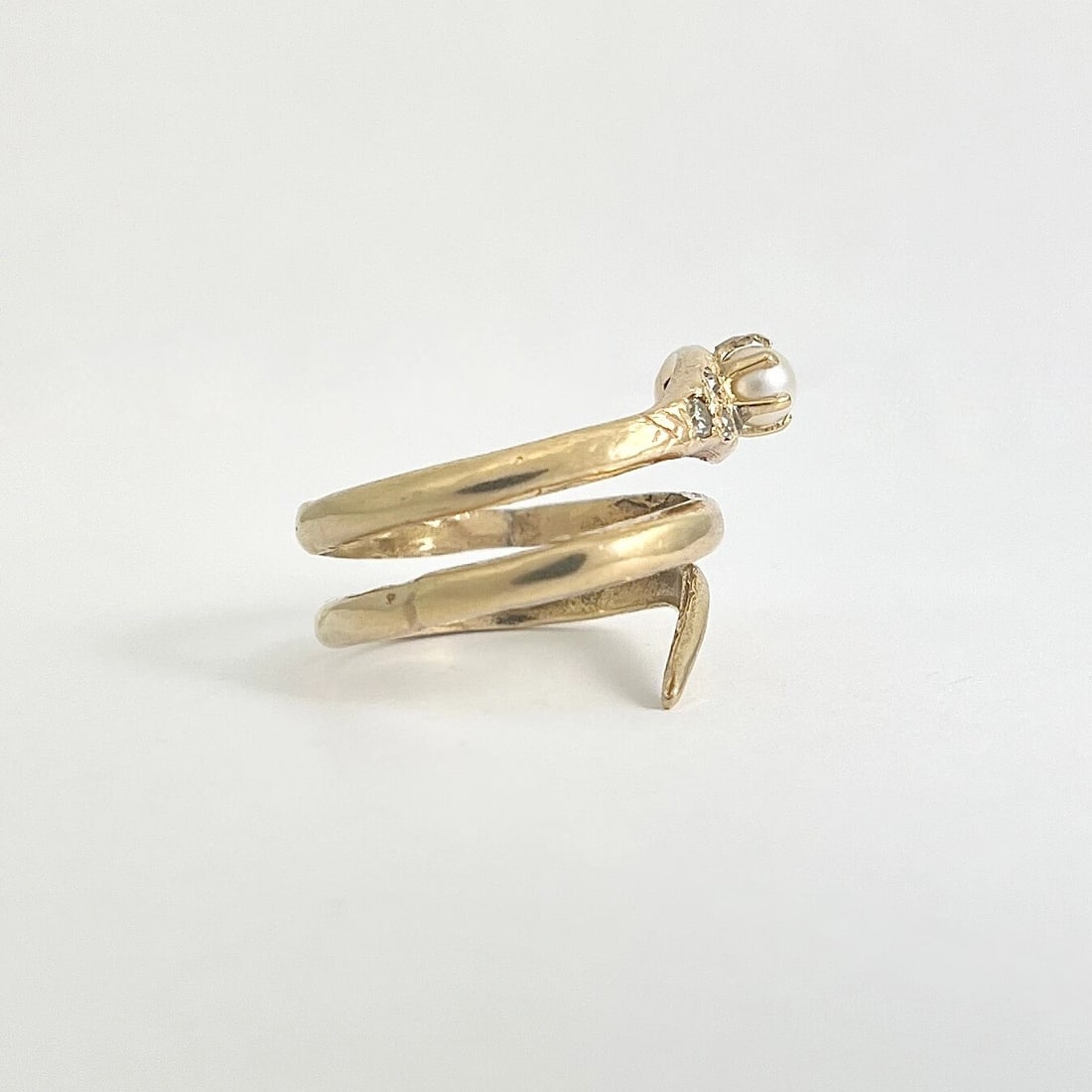 Antique Art Nouveau Snake Pearl Diamond Cocktail Ring 14K Yellow Gold, 7.01 Gr - 7