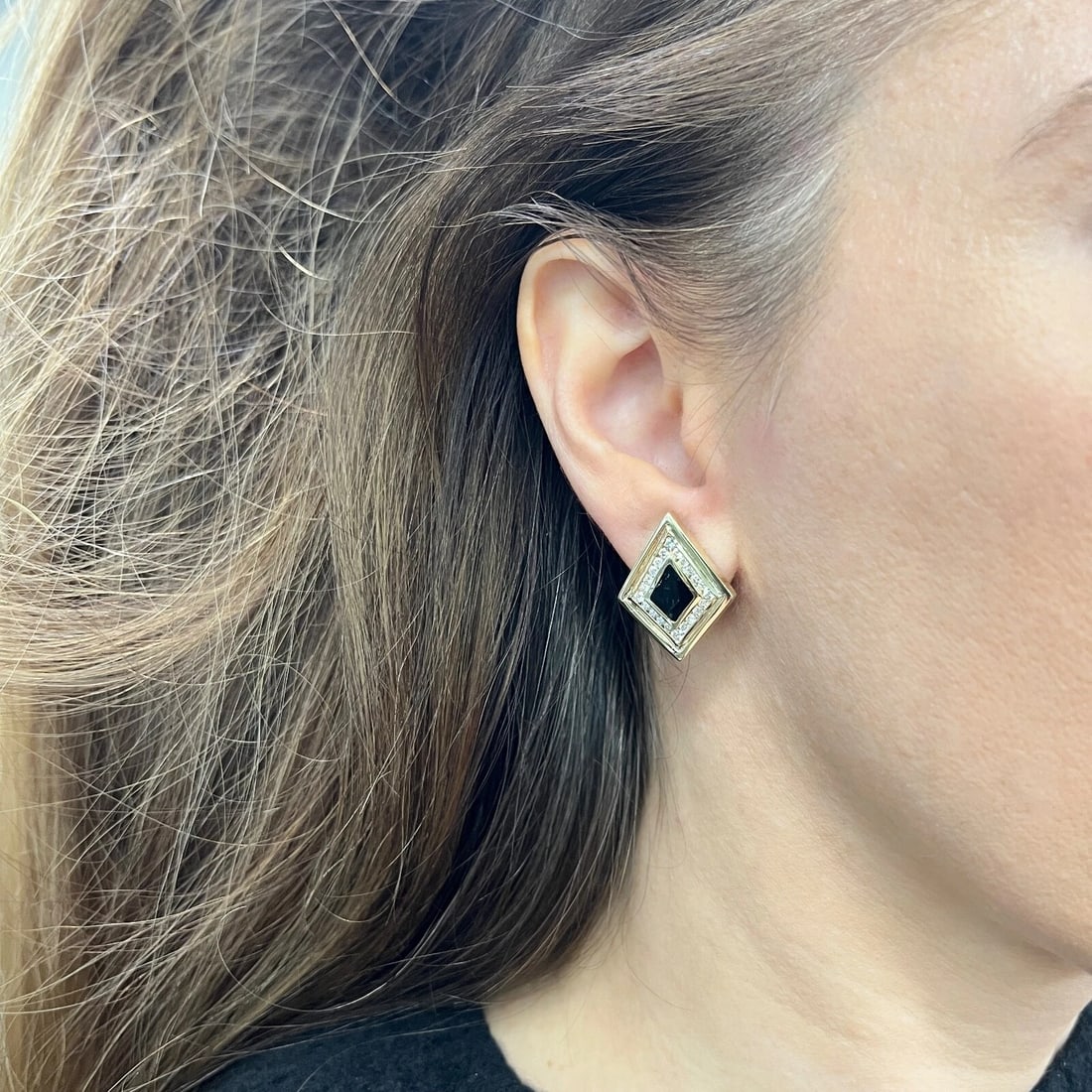 Vintage Geometric Black Onyx Diamond Drop Earrings 14K Yellow Gold, 9.82 Gram - 4