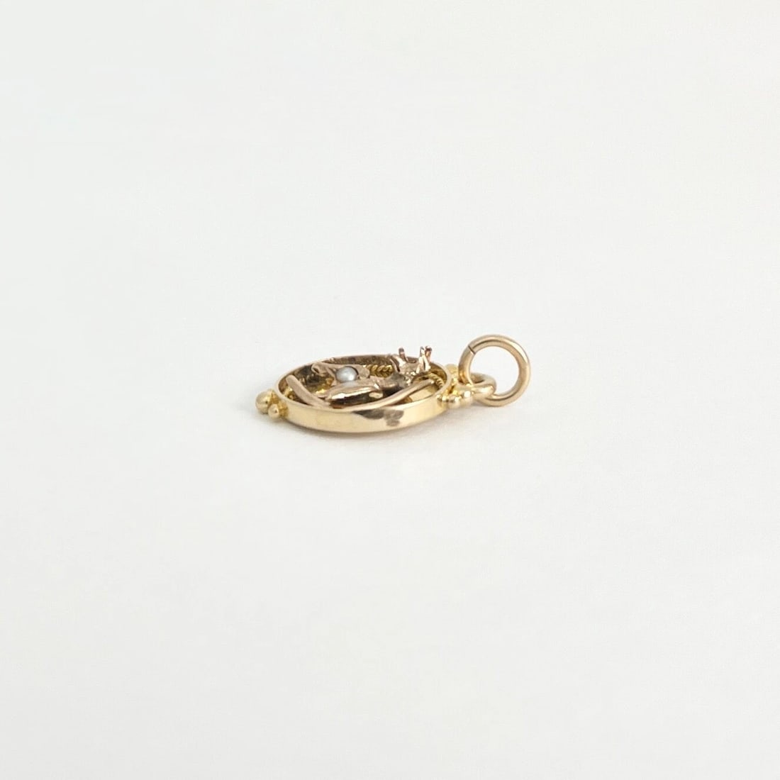 Antique Bird Wishbone Seed Pearl Necklace Pendant Charm 14K Yellow Gold, 1.99 Gr - 9
