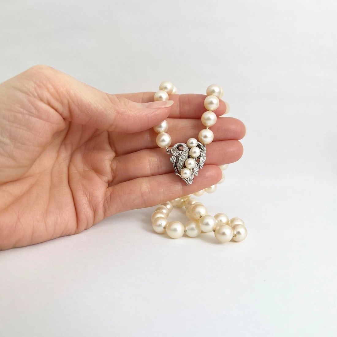 Art Nouveau Japanese Pearl Diamond Necklace 14K White Gold Clasp , 35.34 Gr - 4