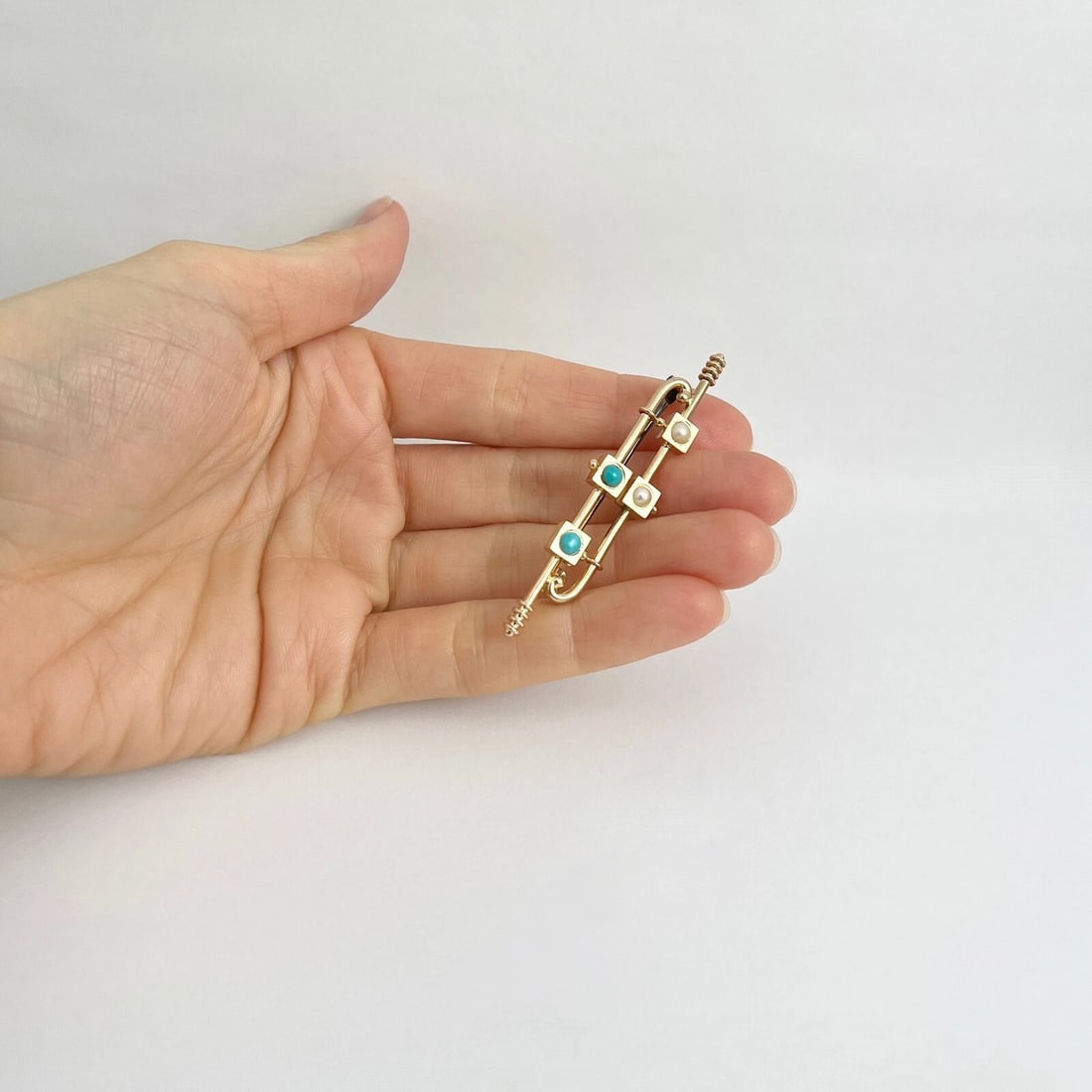 Antique Art Deco Long Cabochon Turquoise Pearl Brooch 14K Yellow Gold, 5.21 Gr - 4